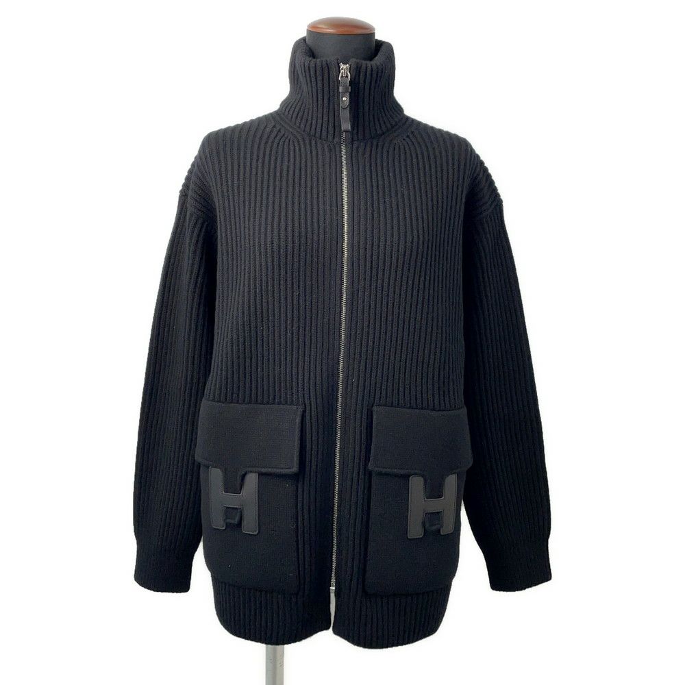 エルメス ニット Hモチーフ ジップアップブルゾン ウール レディースサイズ34 HERMES カーディガン 黒