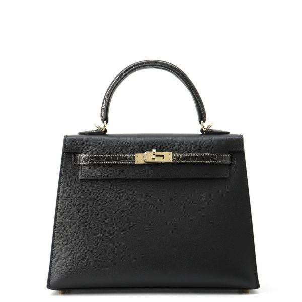 エルメス ケリー25 外縫い タッチ ブラック/グラファイト/シャンパンゴールド金具 ヴォーマダム/アリゲーターシャイン K刻印 黒