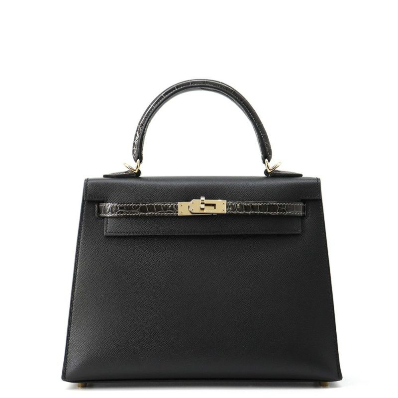 エルメス ケリー25 外縫い タッチ ブラック/グラファイト/シャンパンゴールド金具 ヴォーマダム/アリゲーターシャイン K刻印 黒