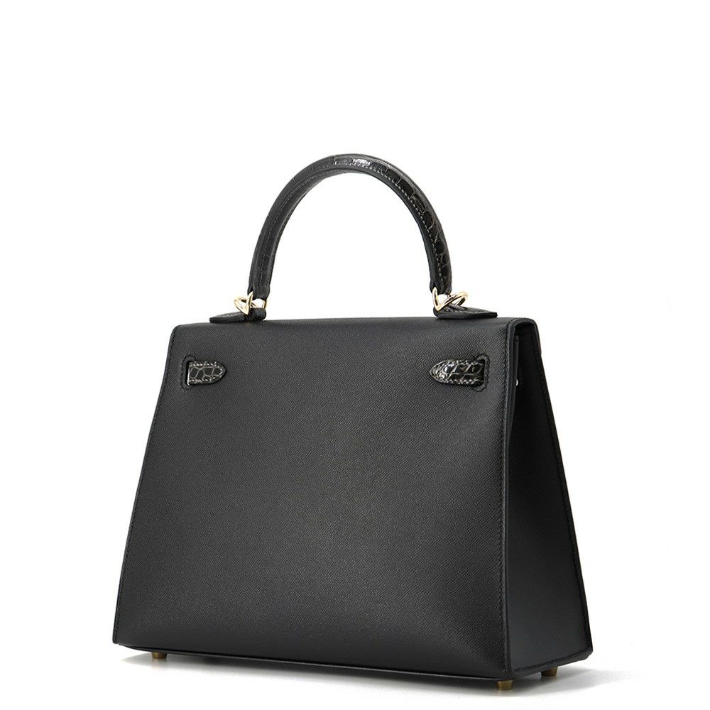 エルメス ケリー25 外縫い タッチ ブラック/グラファイト/シャンパンゴールド金具 ヴォーマダム/アリゲーターシャイン K刻印 黒