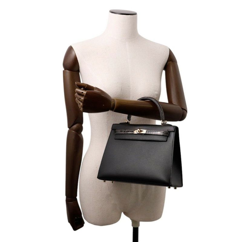 エルメス ケリー25 外縫い タッチ ブラック/グラファイト/シャンパンゴールド金具 ヴォーマダム/アリゲーターシャイン K刻印 黒