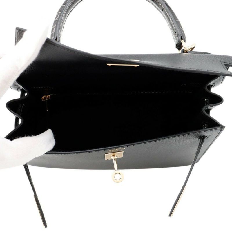 エルメス ケリー25 外縫い タッチ ブラック/グラファイト/シャンパンゴールド金具 ヴォーマダム/アリゲーターシャイン K刻印 黒