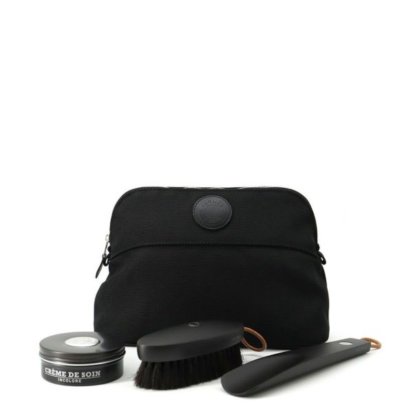 エルメス シューズケアセット ボリードポーチ ブラック/シルバー金具 キャンバス HERMES 黒