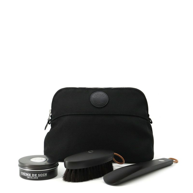 エルメス シューズケアセット ボリードポーチ ブラック/シルバー金具 キャンバス HERMES 黒