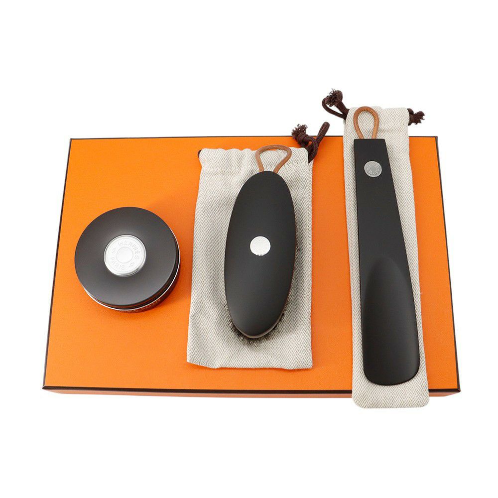 エルメス シューズケアセット ボリードポーチ ブラック/シルバー金具 キャンバス HERMES 黒