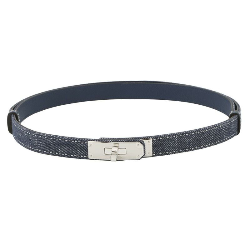 エルメス ケリーベルト18 ジーン ブルーインディゴ/ホワイト/ブルーネイビー/シルバー金具 デニム/エプソン W刻印 HERMES べルト