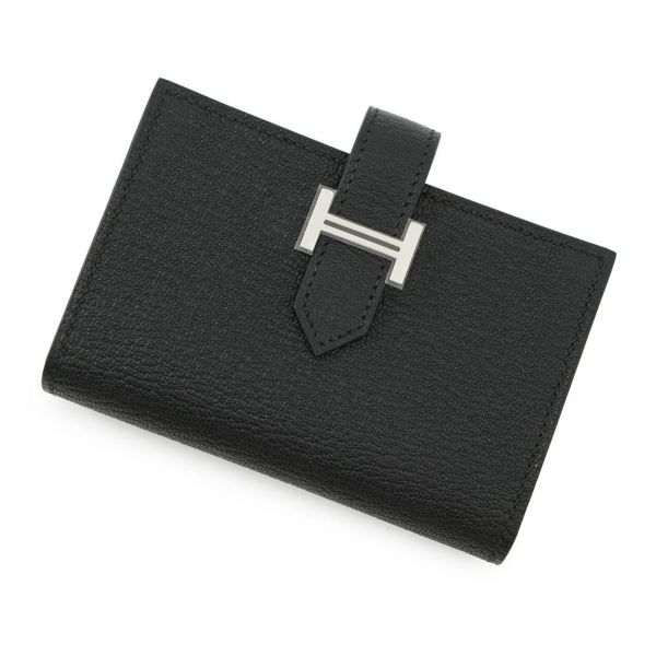 エルメス カードケース ベアン ミニ 小銭入れ付き ブラック/シルバー金具 シェブルミゾル B刻印 HERMES 名刺入れ コインケース 黒