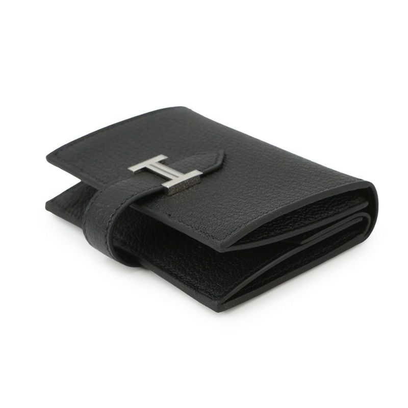 エルメス カードケース ベアン ミニ 小銭入れ付き ブラック/シルバー金具 シェブルミゾル B刻印 HERMES 名刺入れ コインケース 黒