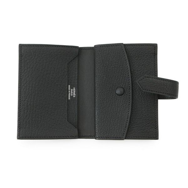 エルメス カードケース ベアン ミニ 小銭入れ付き ブラック/シルバー金具 シェブルミゾル B刻印 HERMES 名刺入れ コインケース 黒