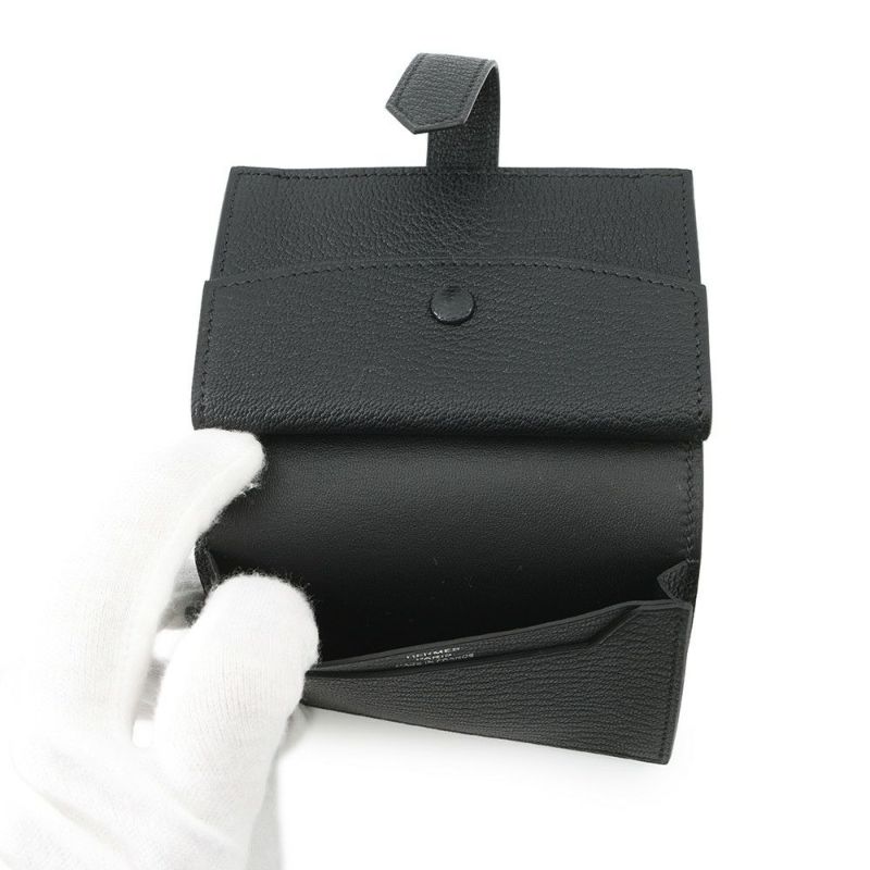 エルメス カードケース ベアン ミニ 小銭入れ付き ブラック/シルバー金具 シェブルミゾル B刻印 HERMES 名刺入れ コインケース 黒