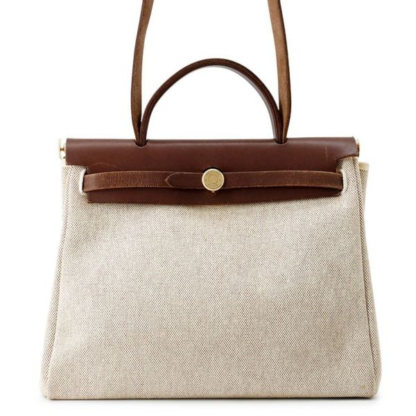 エルメス エールバッグジップPM ブラウン/ベージュ/ゴールド金具 トワルアッシュ/レザー □F刻印 2way