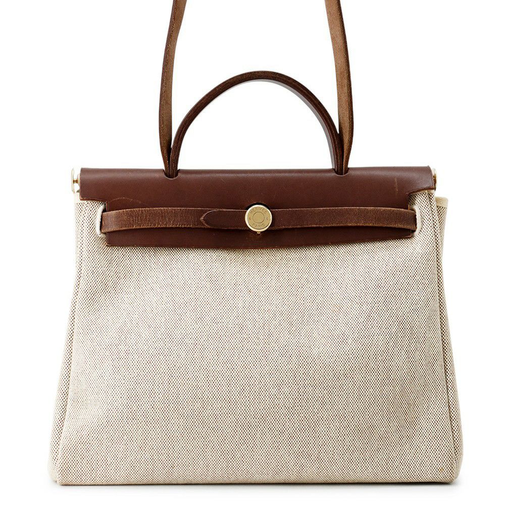 エルメス エールバッグジップPM ブラウン/ベージュ/ゴールド金具 トワルアッシュ/レザー □F刻印 2way