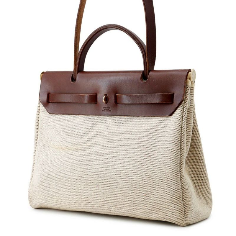 エルメス エールバッグジップPM ブラウン/ベージュ/ゴールド金具 トワルアッシュ/レザー □F刻印 2way