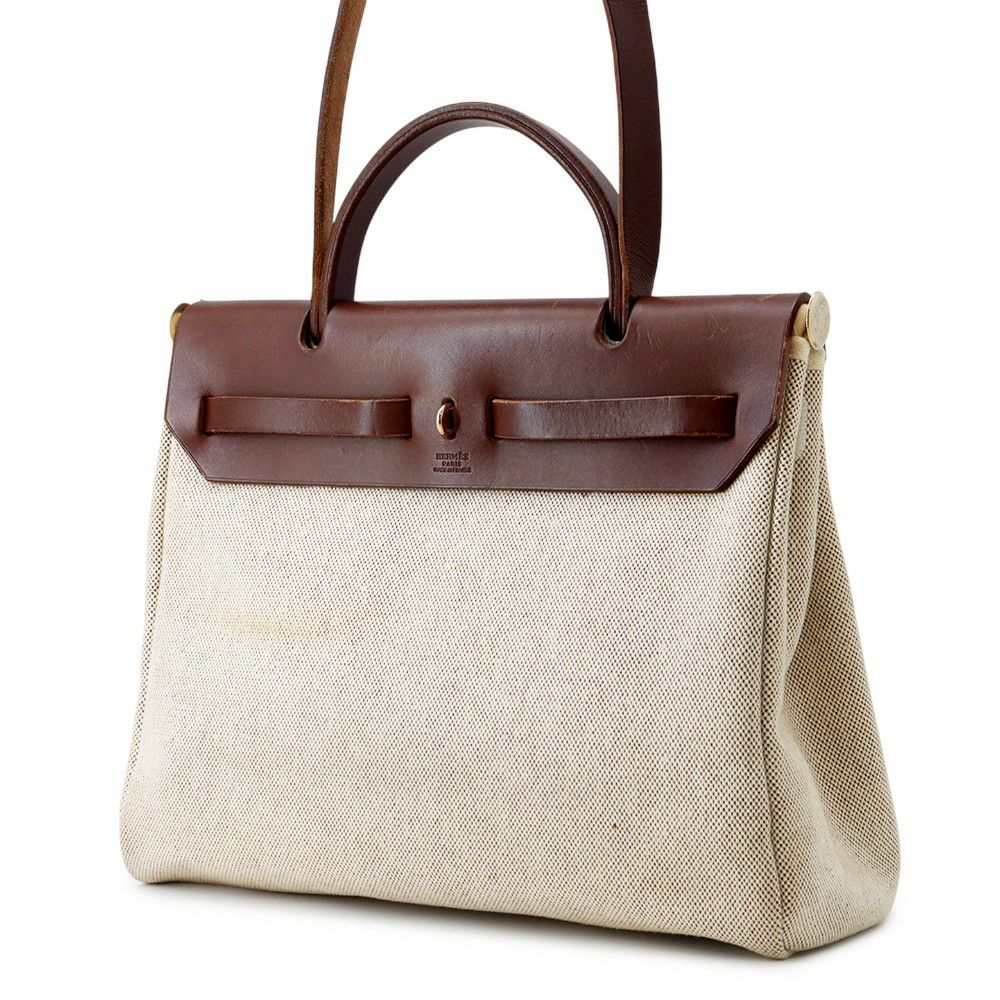 エルメス エールバッグジップPM ブラウン/ベージュ/ゴールド金具 トワルアッシュ/レザー □F刻印 2way