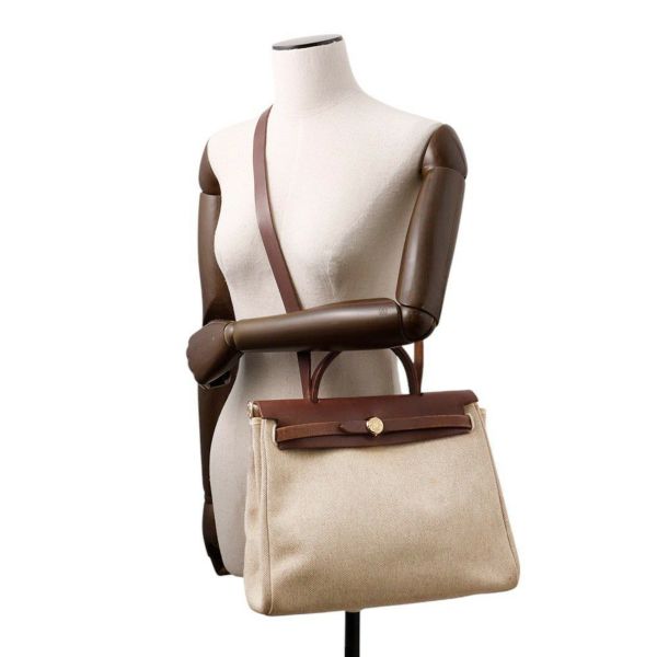 エルメス エールバッグジップPM ブラウン/ベージュ/ゴールド金具 トワルアッシュ/レザー □F刻印 2way