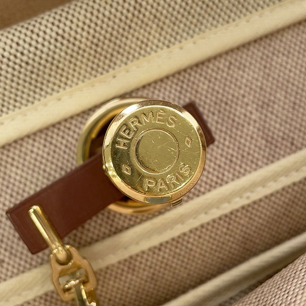 エルメス エールバッグジップPM ブラウン/ベージュ/ゴールド金具 トワルアッシュ/レザー □F刻印 2way