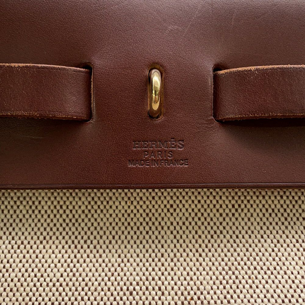 エルメス エールバッグジップPM ブラウン/ベージュ/ゴールド金具 トワルアッシュ/レザー □F刻印 2way