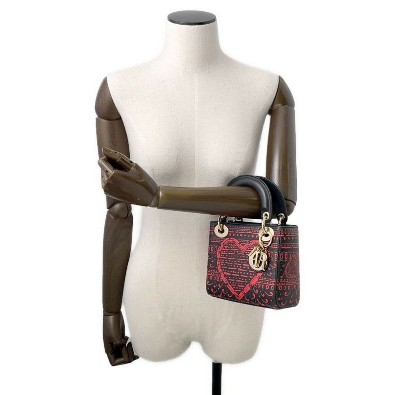 クリスチャン・ディオール ハンドバッグ レディディオール ハートプリント ミニ レザー Christian Dior 2way 黒