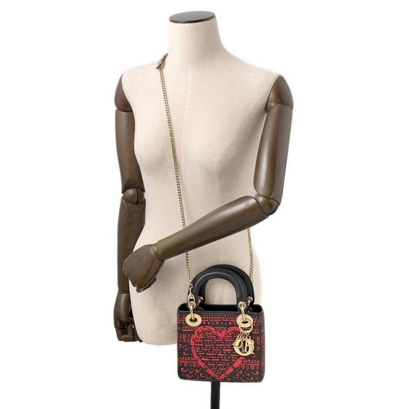 クリスチャン・ディオール ハンドバッグ レディディオール ハートプリント ミニ レザー Christian Dior 2way 黒