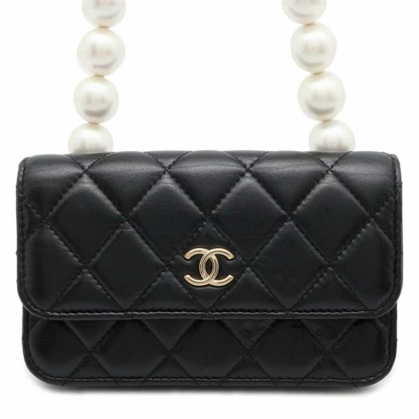 シャネル  パールチェーンショルダーウォレット マトラッセ ココマーク ラムスキン AP1839 CHANEL 黒