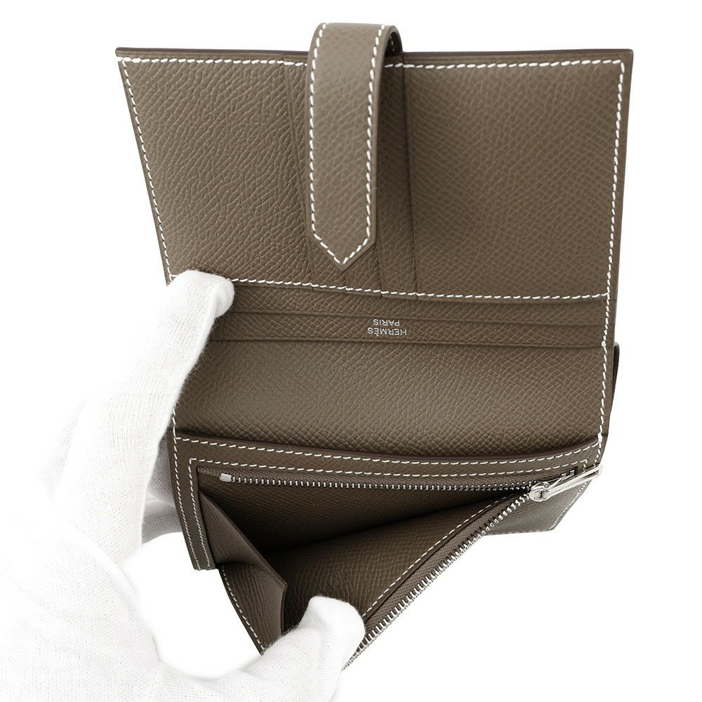 エルメス 二つ折り財布 ベアン コンパクト エトゥープ/シルバー金具 エプソン W刻印
