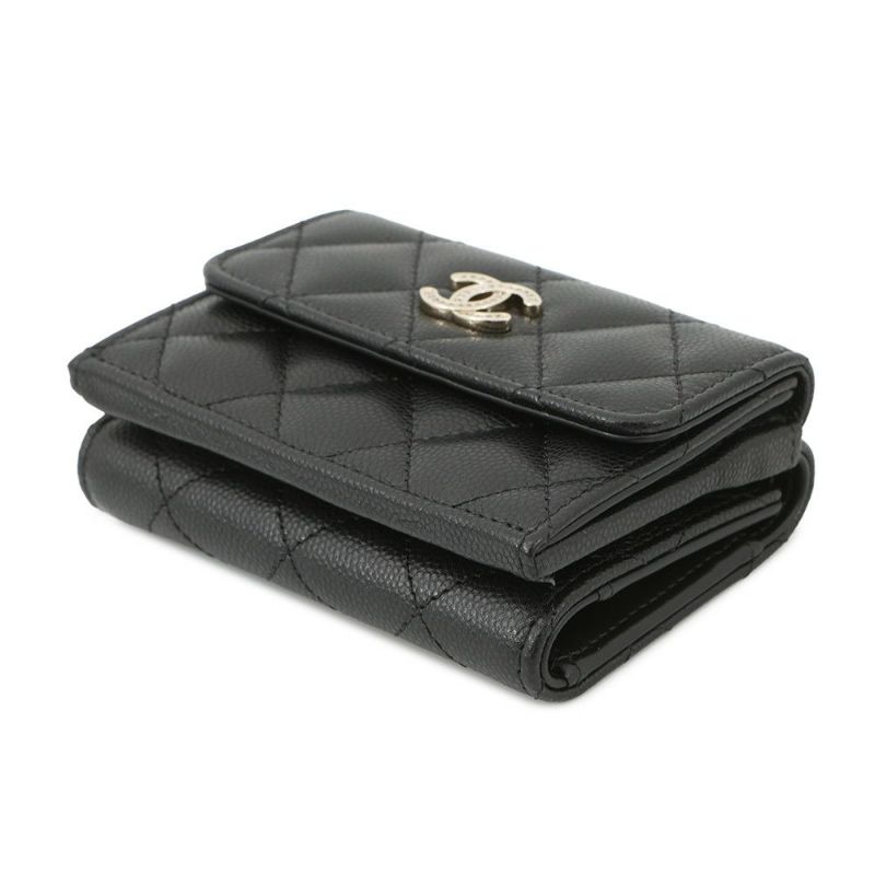 シャネル 三つ折り財布 マトラッセ ココマーク スモール ウォレット ラインストーン キャビアスキン AP4815 CHANEL 黒