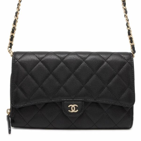 シャネル チェーンウォレット ココマーク マトラッセ フォンケース キャビアスキン AP3876 CHANEL 黒