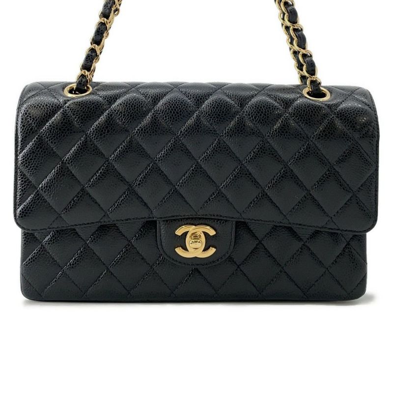 シャネル チェーンショルダーバッグ マトラッセ25 ココマーク ダブルチェーン キャビアスキン A01112 CHANEL 黒