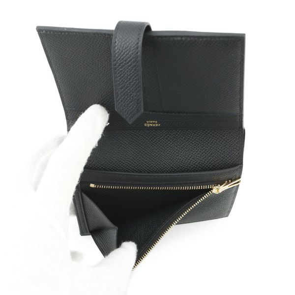 エルメス 二つ折り財布 ベアンコンパクト ブラック/ゴールド金具 エプソン K刻印 HERMES 財布 黒