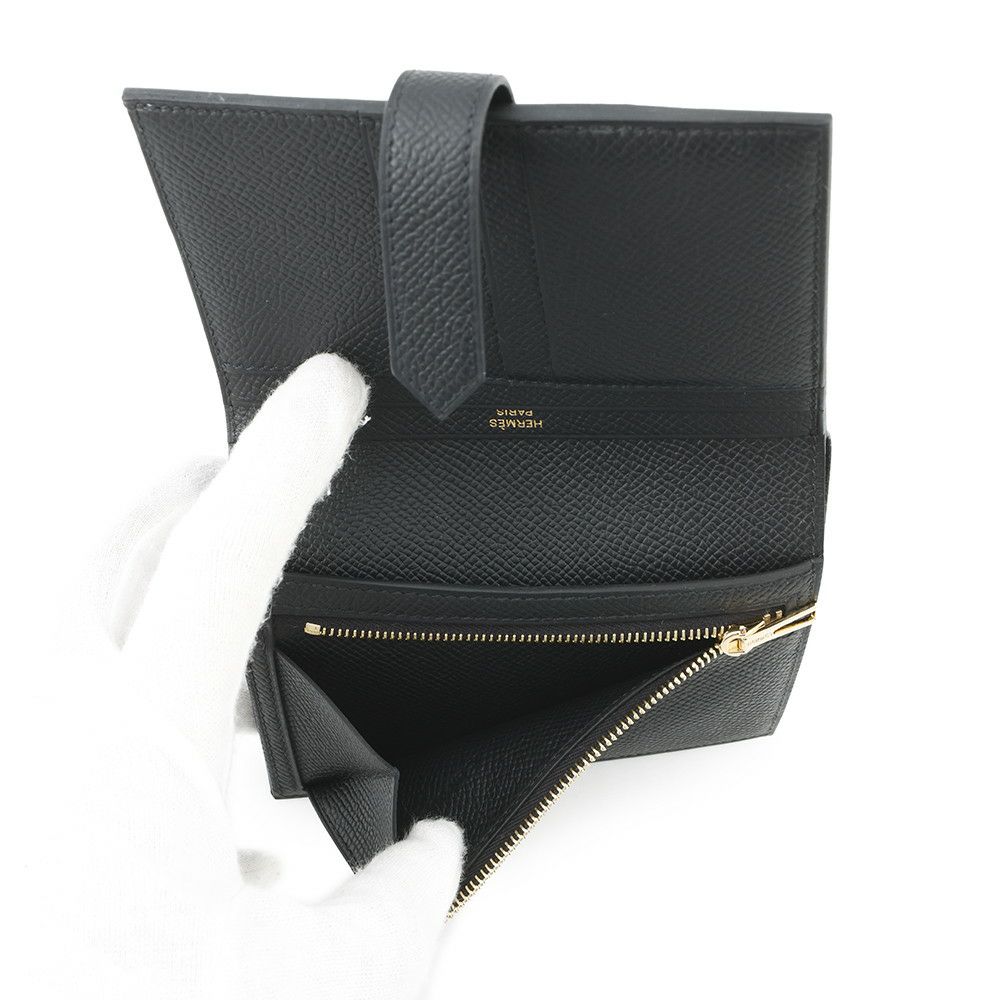 エルメス 二つ折り財布 ベアンコンパクト ブラック/ゴールド金具 エプソン K刻印 HERMES 財布 黒