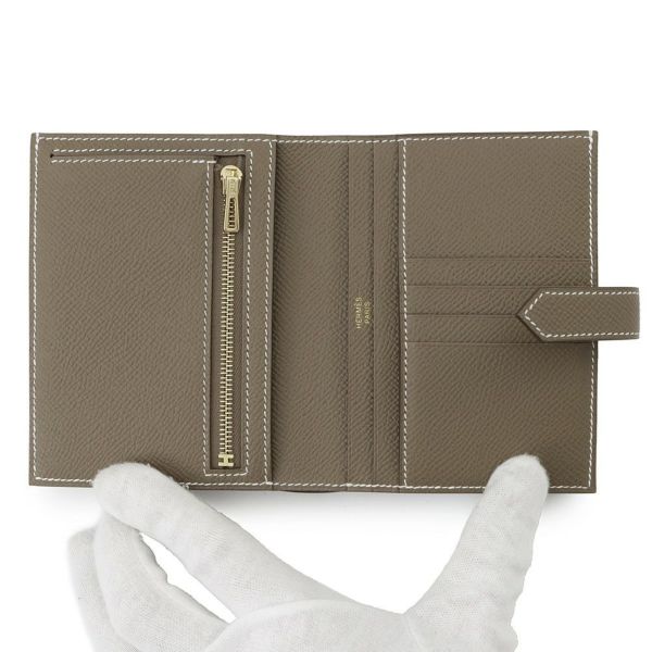 エルメス 二つ折り財布 ベアン コンパクト エトゥープ/ゴールド金具 エプソン K刻印 HERMES 財布