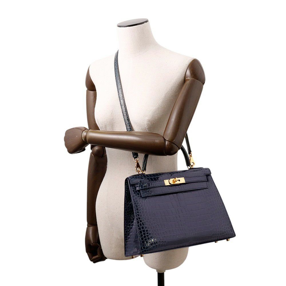 エルメス ハンドバッグ ケリー28 外縫い ブルーマリン/ゴールド金具 ポロサスシャイン Y刻印 2wayショルダー