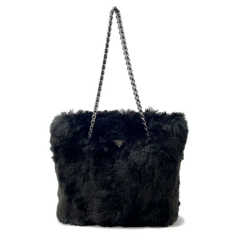 プラダ トートバッグ トライアングルロゴ フェイクファー BR4759 PRADA 黒