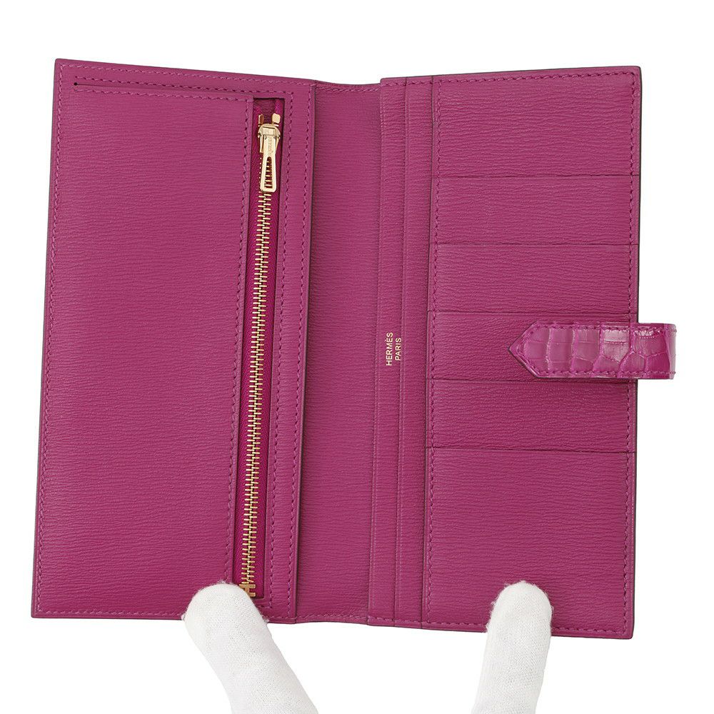 エルメス 長財布 ベアンスフレ ローズシェヘラザード/ゴールド金具 アリゲーターシャイン D刻印 HERMES 財布