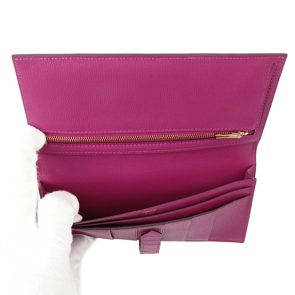 エルメス 長財布 ベアンスフレ ローズシェヘラザード/ゴールド金具 アリゲーターシャイン D刻印 HERMES 財布