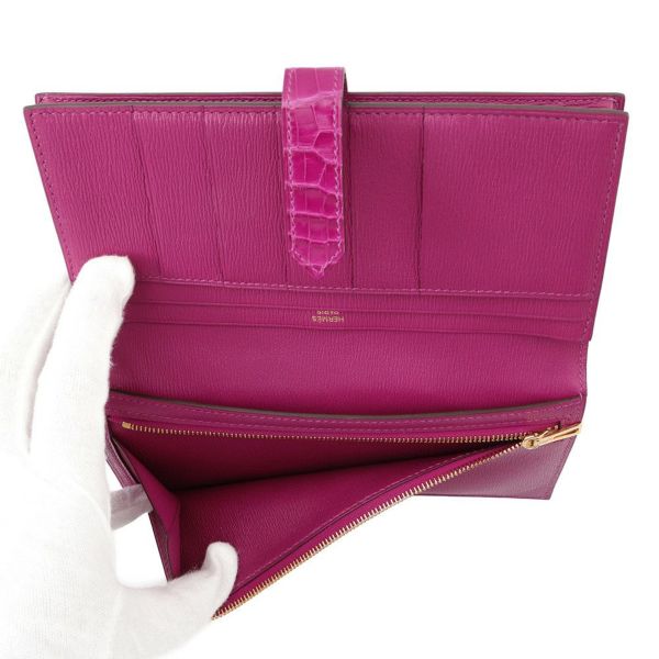 エルメス 長財布 ベアンスフレ ローズシェヘラザード/ゴールド金具 アリゲーターシャイン D刻印 HERMES 財布