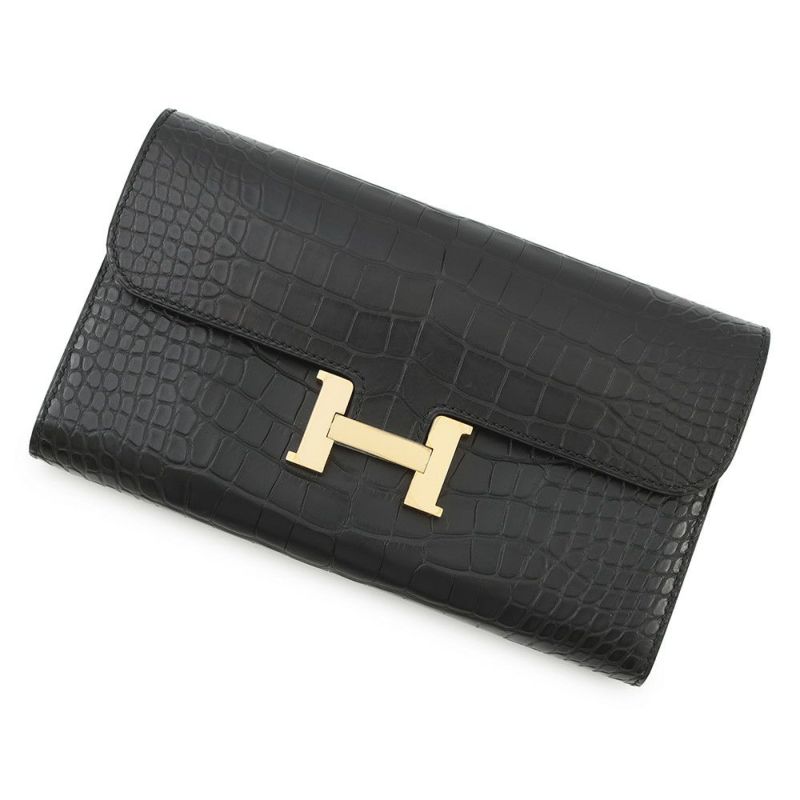 エルメス 長財布 コンスタンス ロング ブラック/ゴールド金具 アリゲーターマット C刻印 HERMES 財布 黒