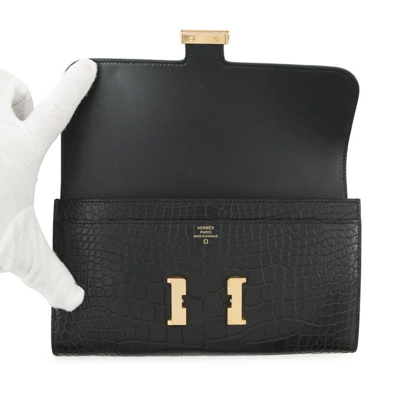 エルメス 長財布 コンスタンス ロング ブラック/ゴールド金具 アリゲーターマット C刻印 HERMES 財布 黒