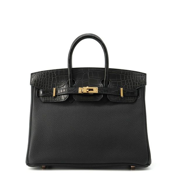 エルメス バーキン25 タッチ ブラック/ピンクゴールド金具 トゴ/アリゲーターマット Z刻印HERMES Birkin ハンドバッグ 黒