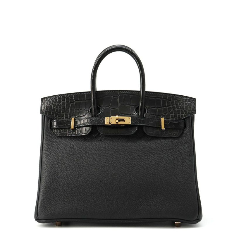 エルメス バーキン25 タッチ ブラック/ピンクゴールド金具 トゴ/アリゲーターマット Z刻印HERMES Birkin ハンドバッグ 黒