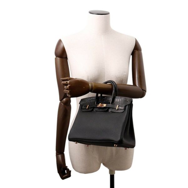 エルメス バーキン25 タッチ ブラック/ピンクゴールド金具 トゴ/アリゲーターマット Z刻印HERMES Birkin ハンドバッグ 黒