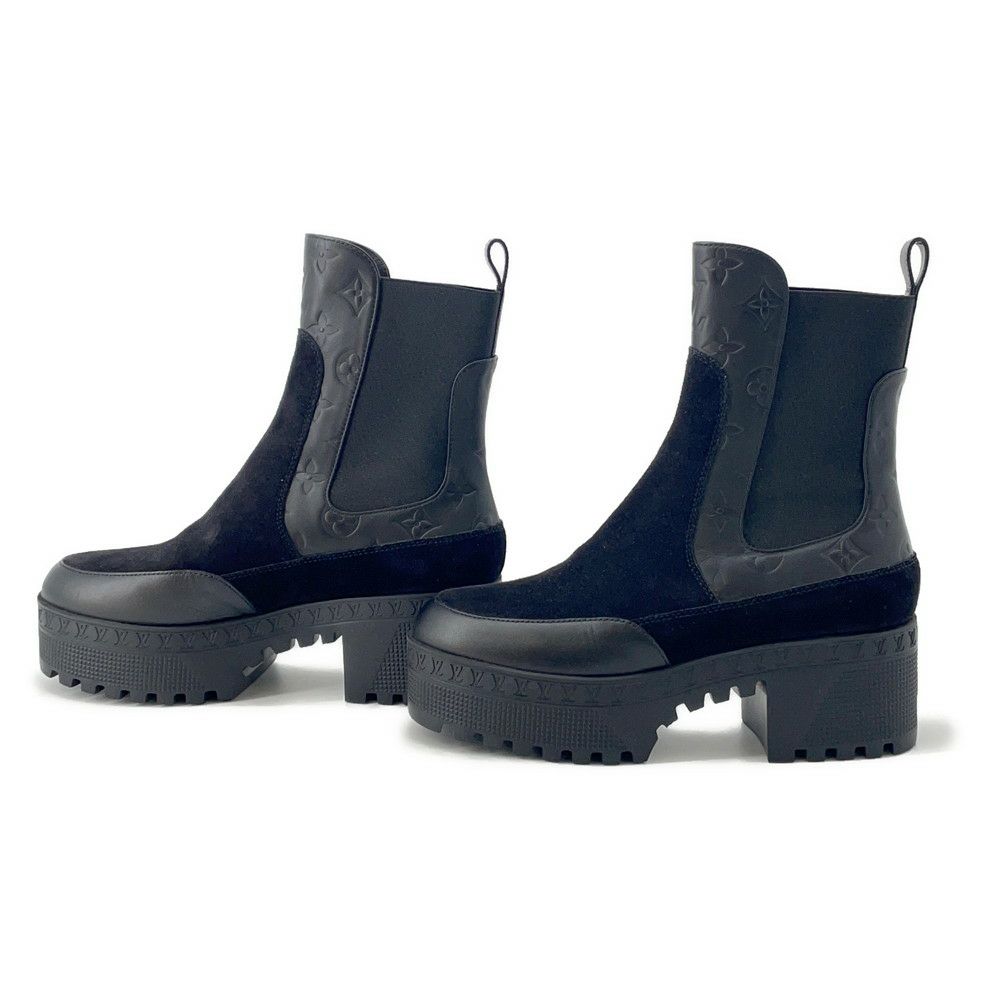 ルイヴィトン ブーツ カーフレザー スエード ローリエート ブーツ レディースサイズ37 ショートブーツ 黒 ブラック