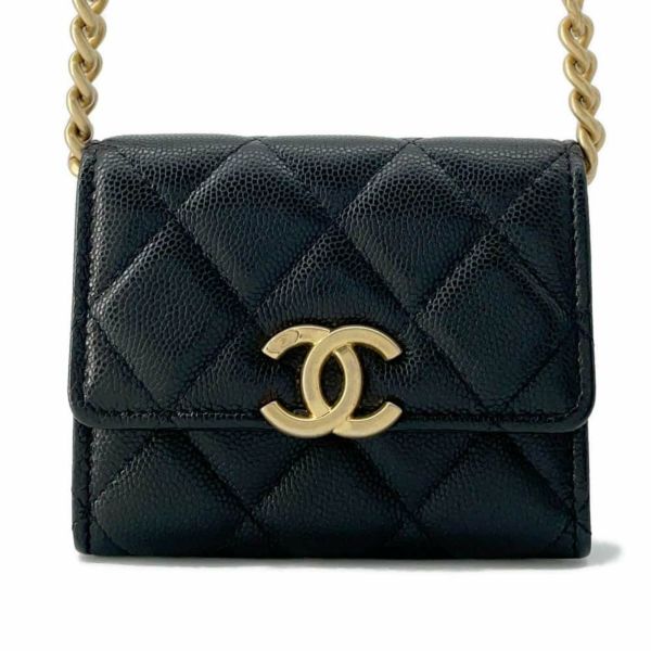 シャネル チェーンカードケース マトラッセ ココマーク キャビアスキン CHANEL ショルダー 黒