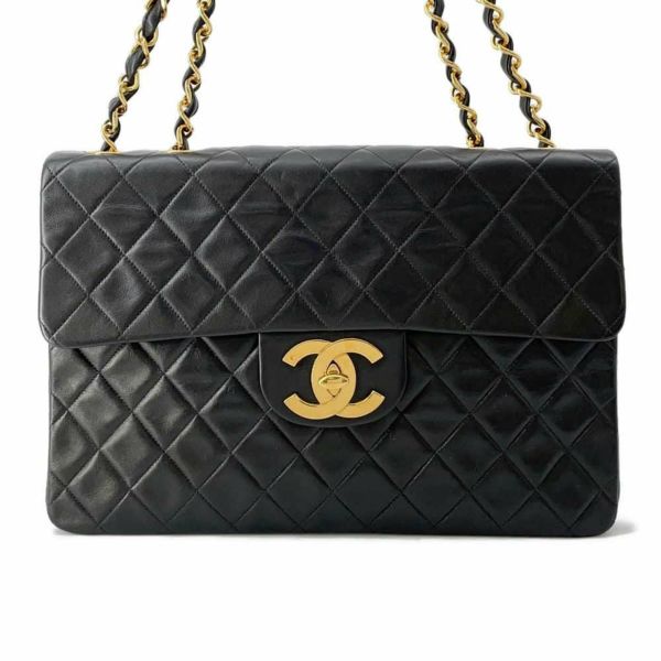 シャネル チェーンショルダーバッグ デカマトラッセ シングルフラップ ラムスキン CHANEL 黒