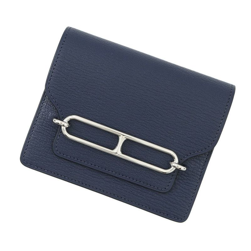 エルメス 財布 ルリ スリム ブルーネイビー/シルバー金具 シェブルミゾル W刻印 HERMES 財布 シェーブル