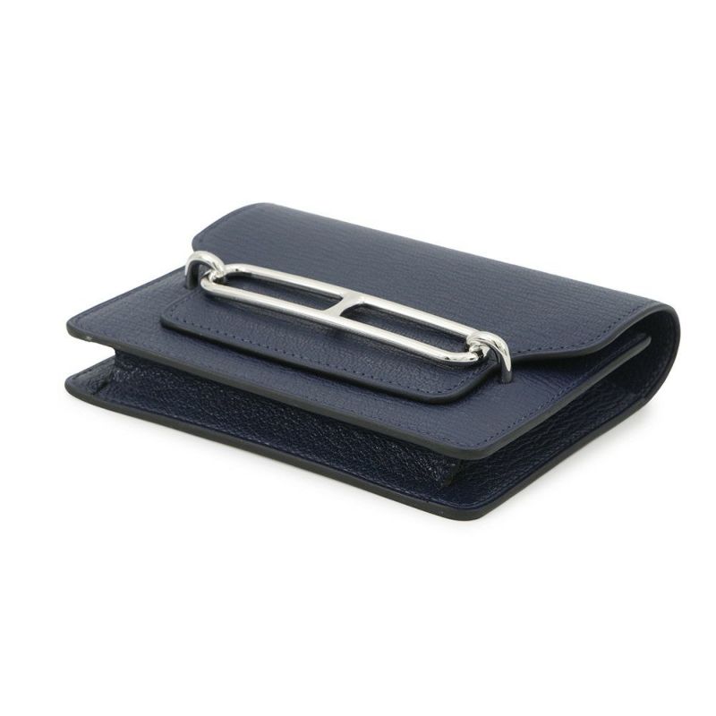 エルメス 財布 ルリ スリム ブルーネイビー/シルバー金具 シェブルミゾル W刻印 HERMES 財布 シェーブル