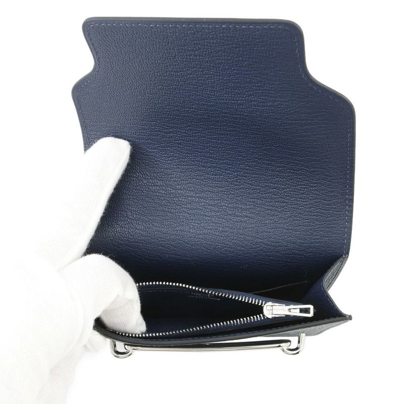 エルメス 財布 ルリ スリム ブルーネイビー/シルバー金具 シェブルミゾル W刻印 HERMES 財布 シェーブル