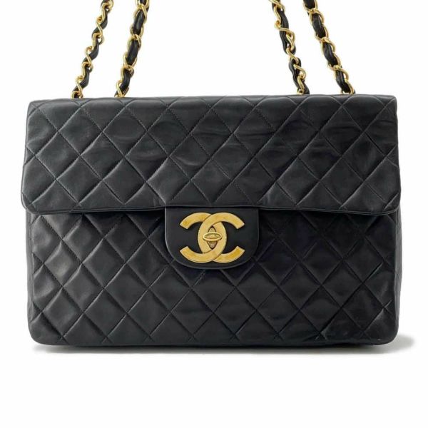 シャネル チェーンショルダーバッグ デカマトラッセ シングルフラップ ラムスキン CHANEL 黒