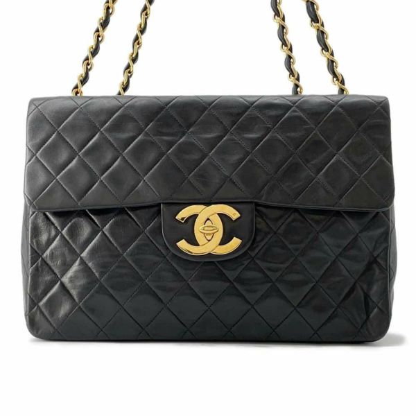 シャネル チェーンショルダーバッグ デカマトラッセ シングルフラップ ラムスキン CHANEL 黒