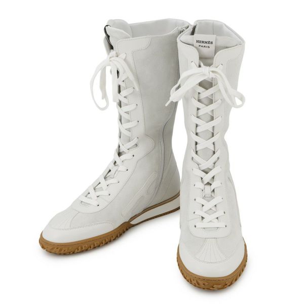 エルメス スニーカー レース・アップ ヴェロア ナッパレザー レディースサイズ38 HERMES 靴 白